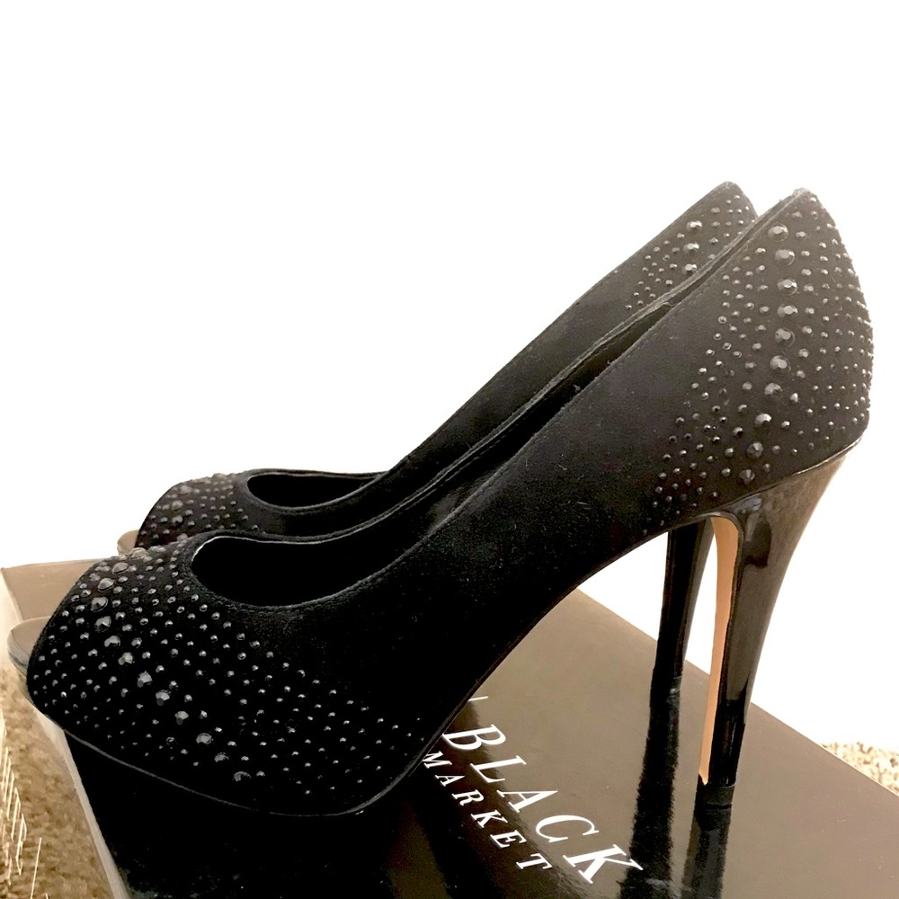 Black peep toe heels with black rhinestones